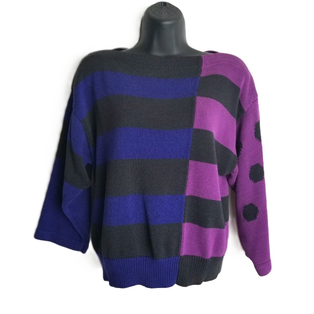Vintage IQ Knitwear Hand Loomed Geometric Sweater Size L Purple Blue Black 80s